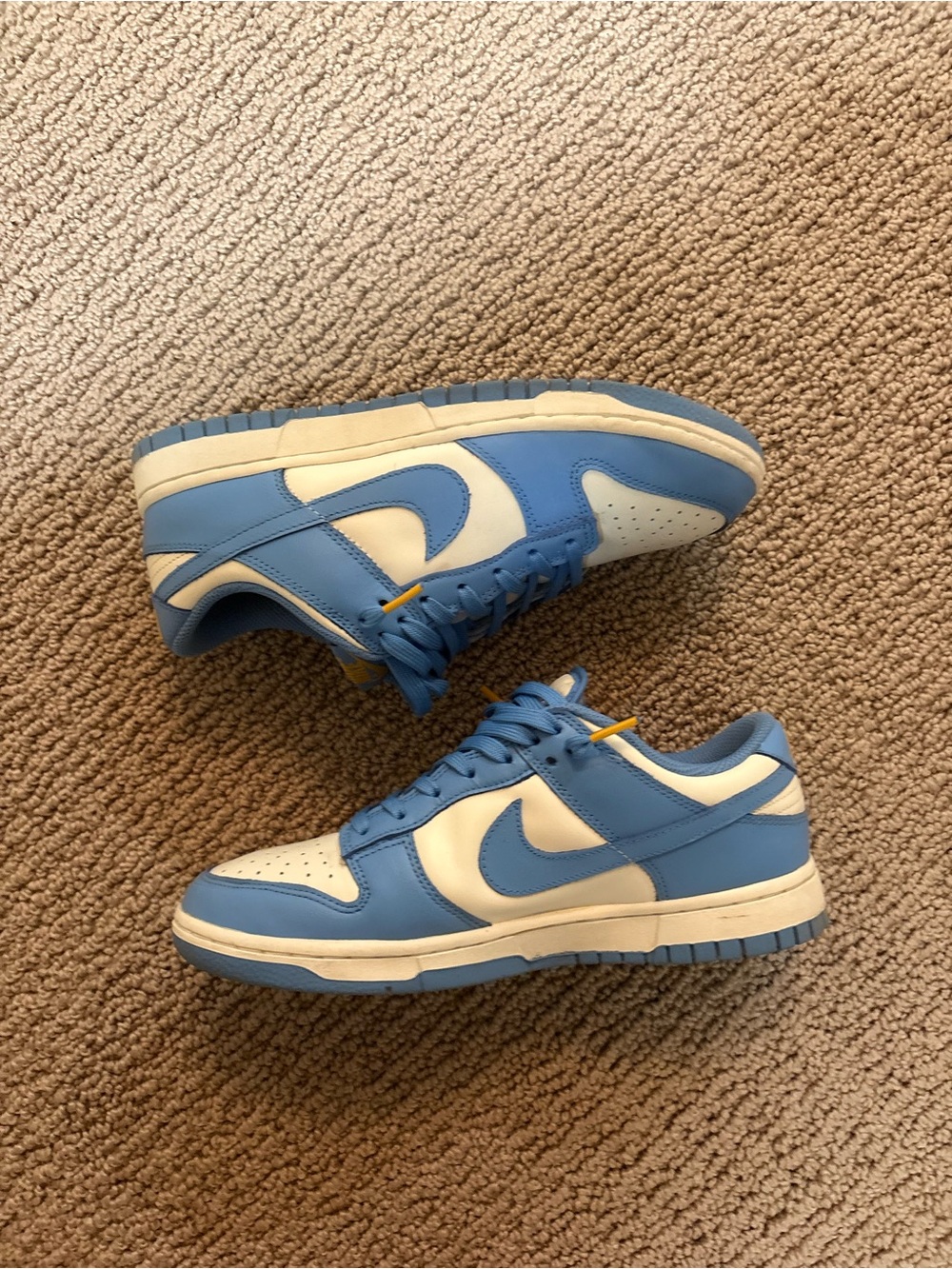Nike Dunk Low White and University Blue with Yellow Lace Tab